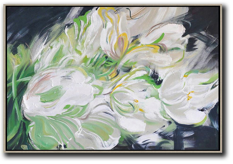 Abstract Painting Extra Large Canvas Art,Horizontal Abstract Flower Oil Painting,Large Living Room Decor White,Light Green,Grey,Black